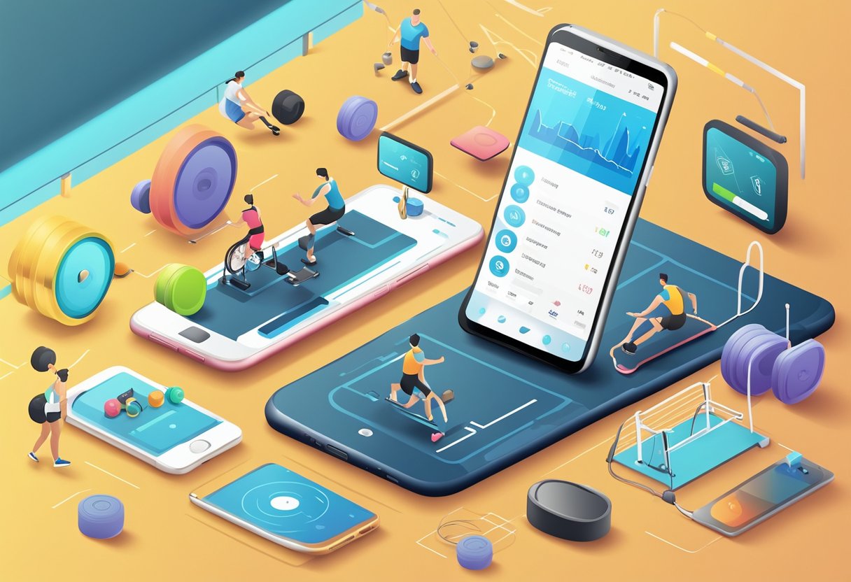 A smartphone displaying fitness apps surrounded by gym equipment and technology devices