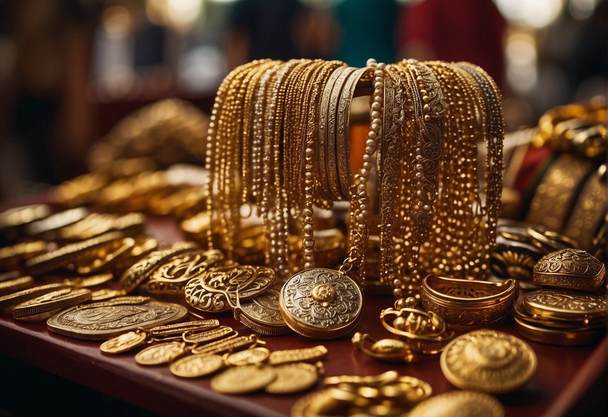A traditional Mexican market stall displays various gold jewelry pieces with price tags and a sign reading "Practical Information for Buyers Mexican Gold."