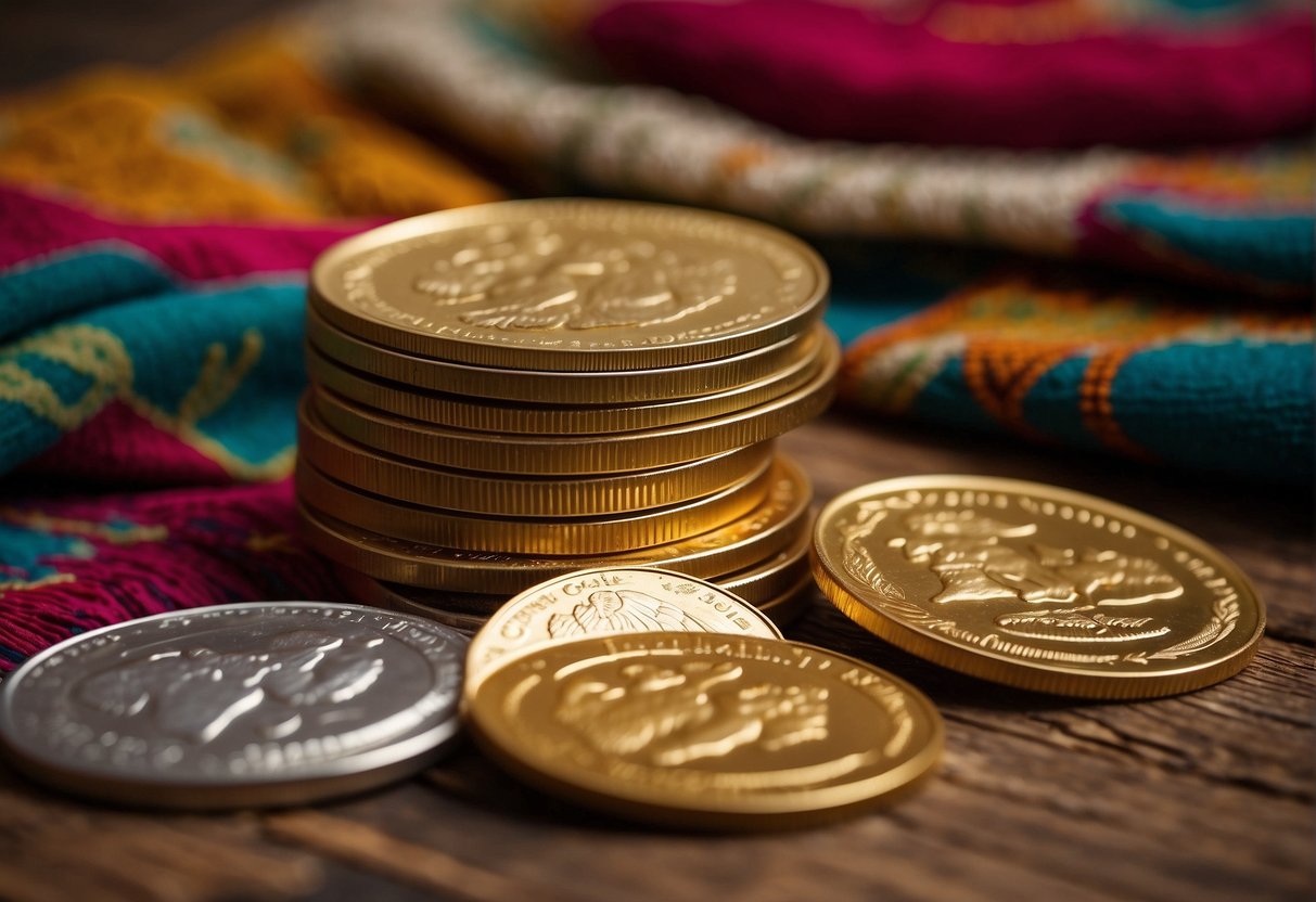 A stack of Mexican gold coins gleams on a rustic wooden table, surrounded by vibrant traditional textiles and pottery