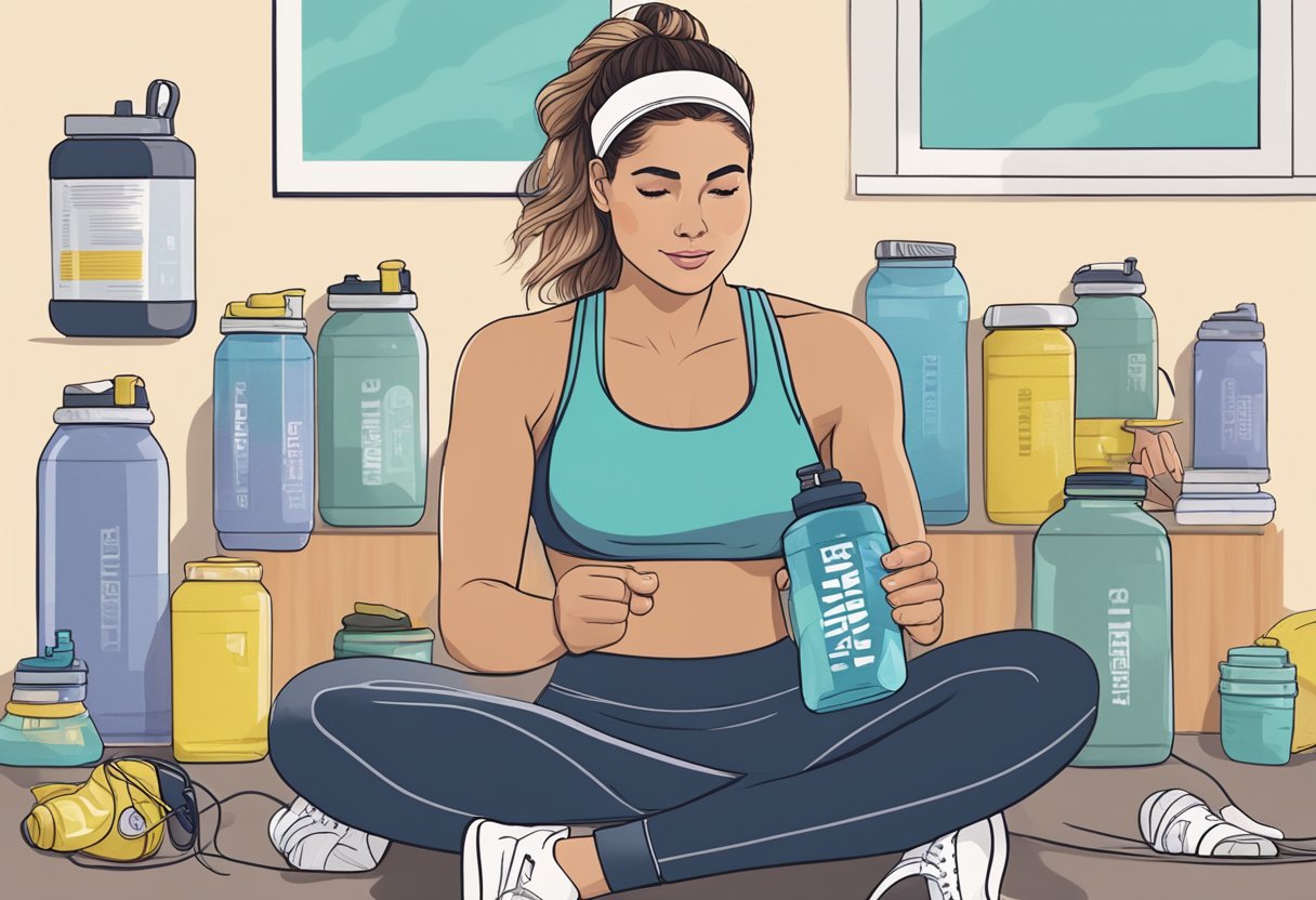 A woman with messy bun and headband, holding a water bottle, surrounded by gym equipment and motivational posters