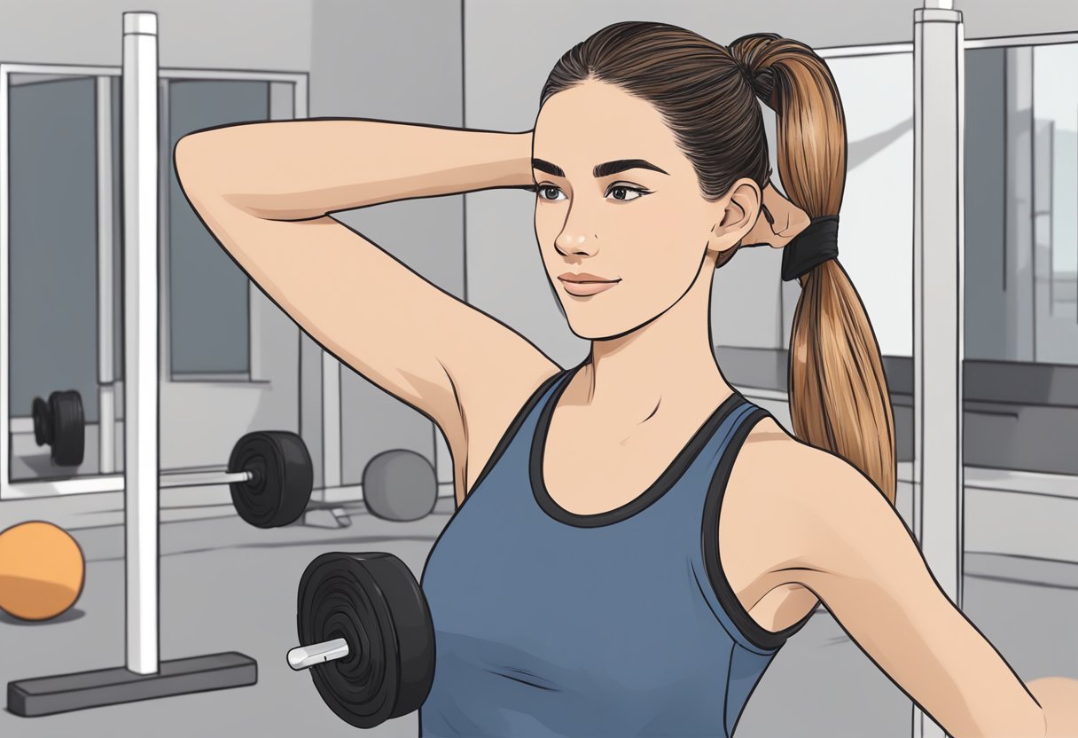 A woman ties her hair in a high ponytail before starting her workout at the gym. She uses a headband to keep stray hairs away from her face