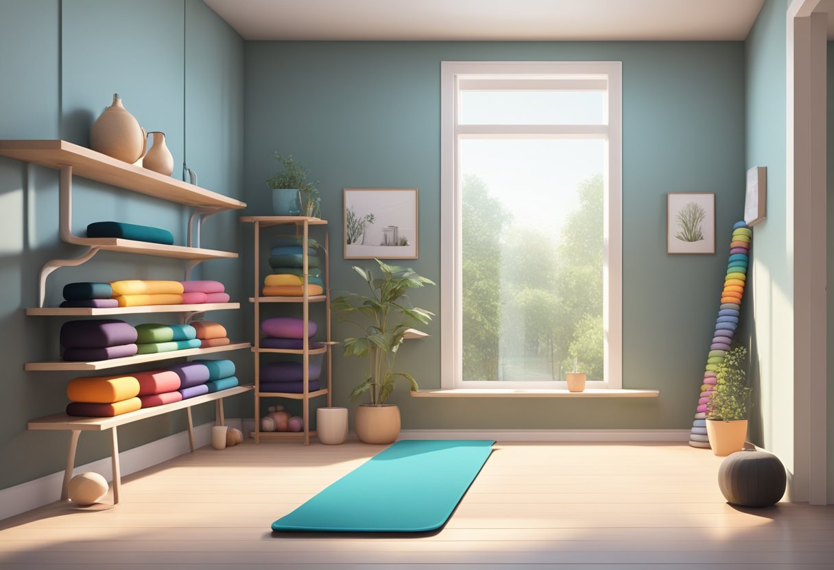 A small, clutter-free space with a yoga mat, resistance bands, and dumbbells neatly organized on shelves. A mirror on the wall reflects the natural light coming in from the window