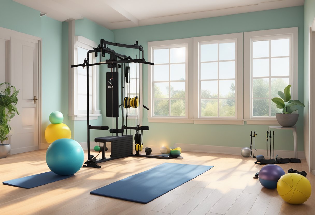 A compact home gym with resistance bands, dumbbells, yoga mat, jump rope, and exercise ball in a well-lit space