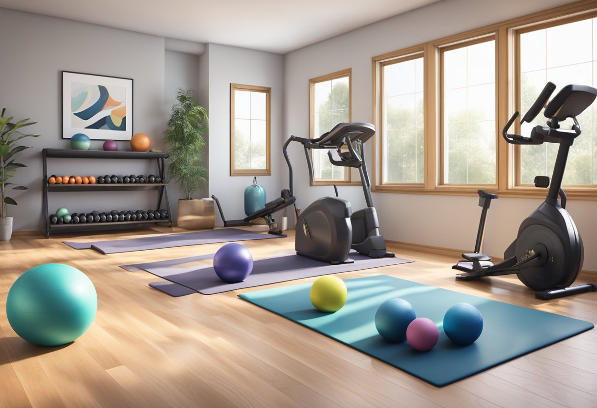 A home gym with various workout equipment arranged neatly in a spacious, well-lit room. Dumbbells, resistance bands, yoga mat, and stability ball are visible