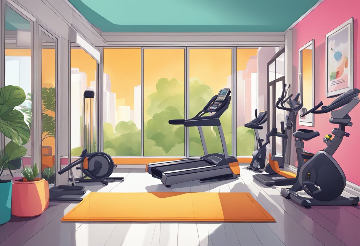 A small, well-lit room with exercise equipment neatly organized. Bright colors and motivational posters line the walls. A large mirror reflects the space, creating a sense of openness and energy