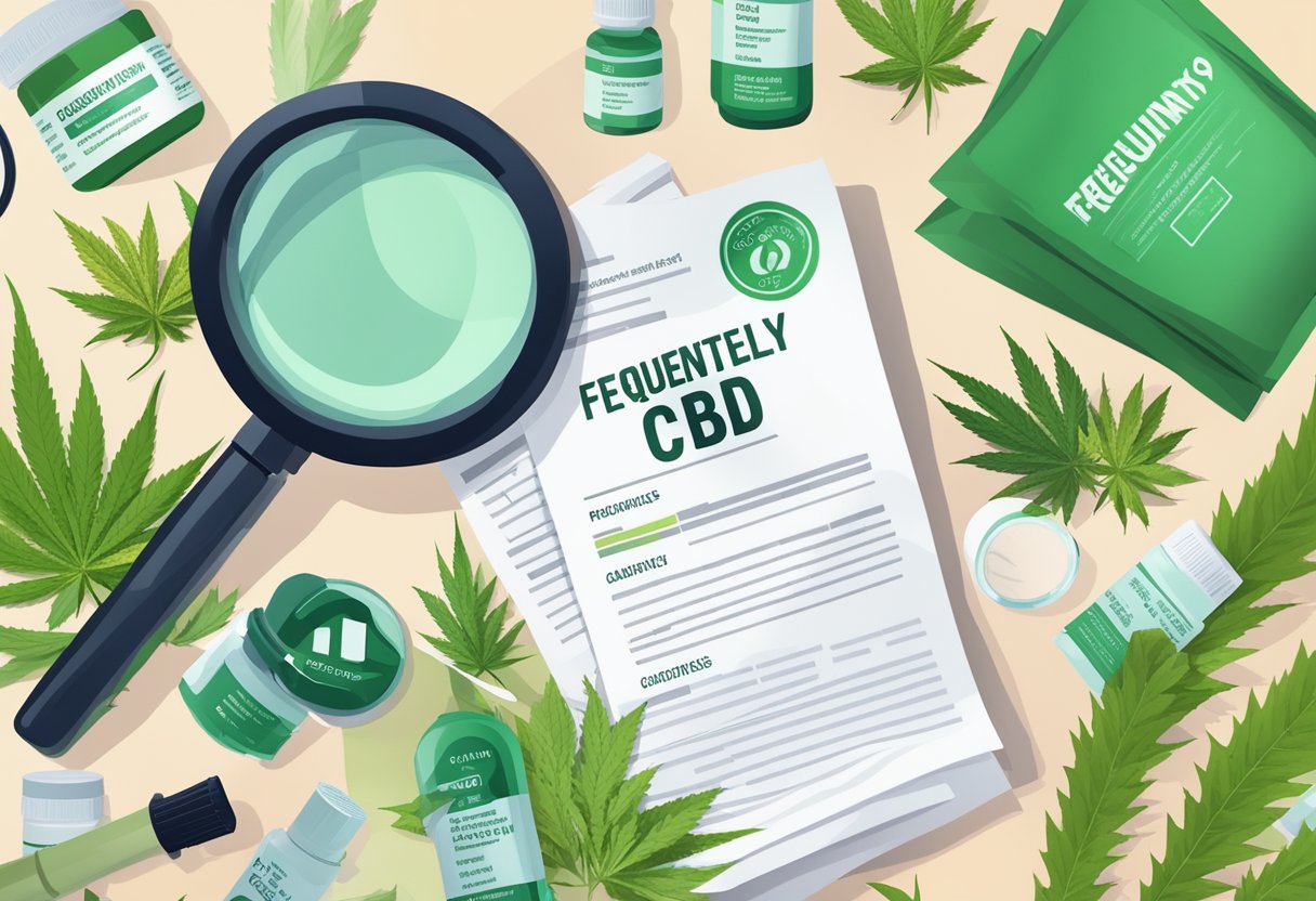A stack of papers with "Frequently Asked Questions Side effects of CBD" printed on top, surrounded by a variety of CBD products and a magnifying glass