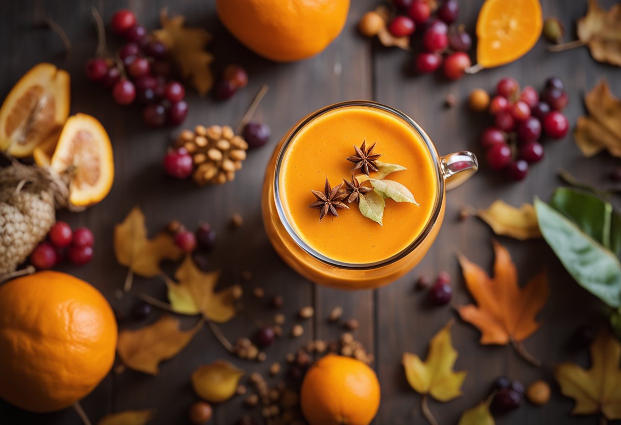 A glass filled with a vibrant orange smoothie surrounded by autumn leaves and seasonal fruits, with a "Frequently Asked Questions" label