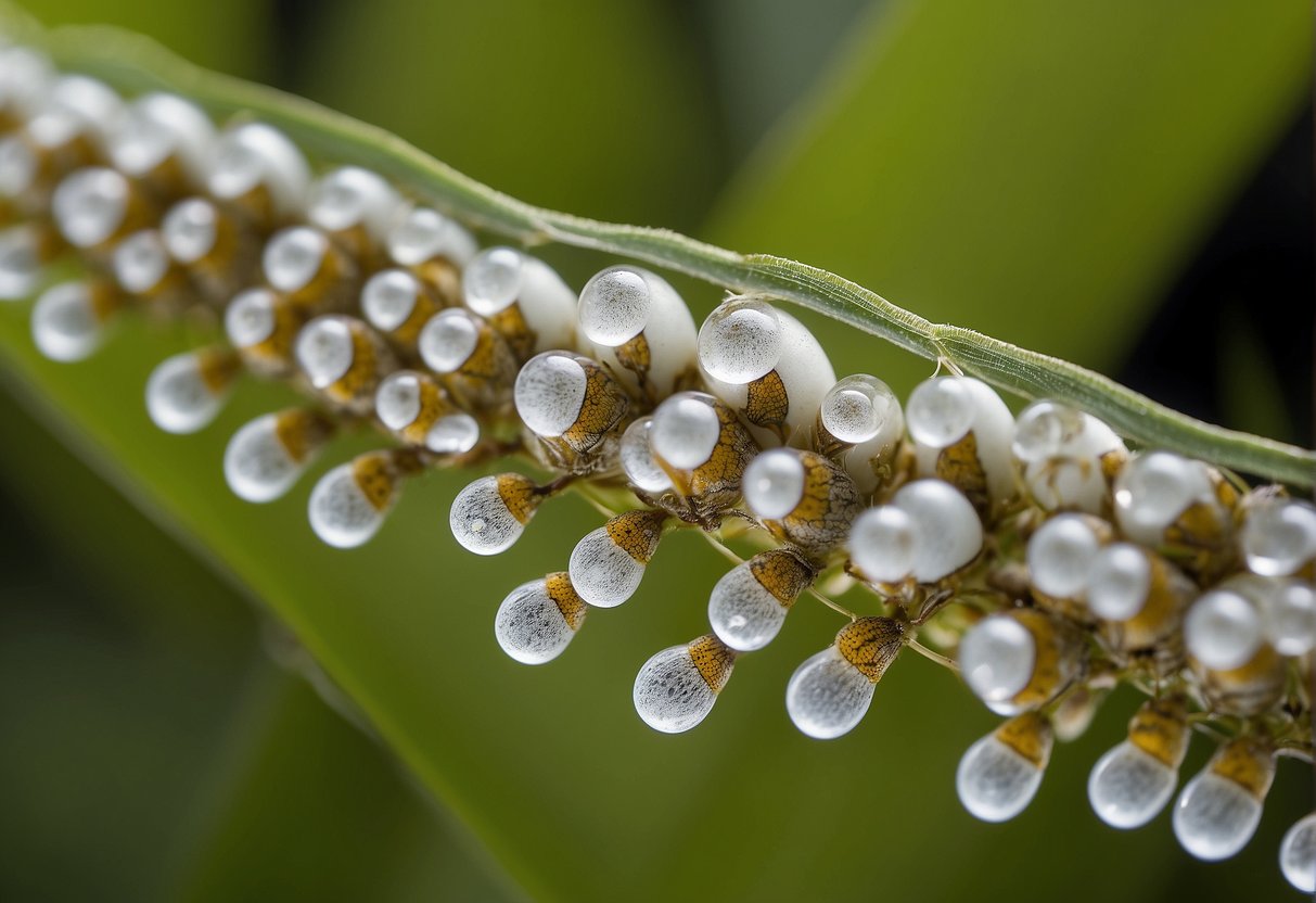 Monarch butterfly eggs are small, white, and cylindrical, resembling tiny grains of rice, typically laid on the underside of milkweed leaves in clusters