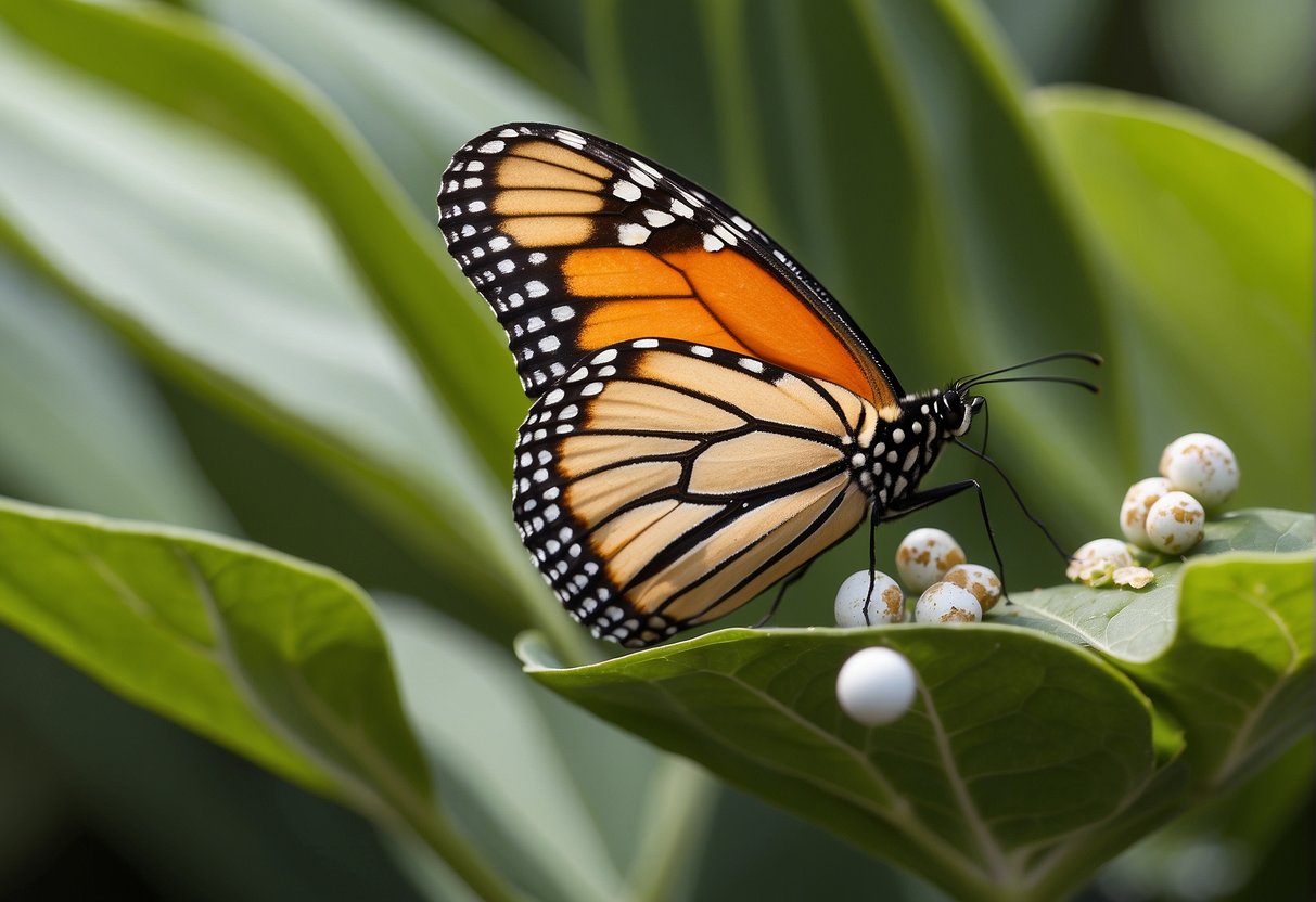 A monarch butterfly lays small, white, oval-shaped eggs on the underside of a milkweed leaf. The eggs have a ridged texture and are about the size of a pinhead
