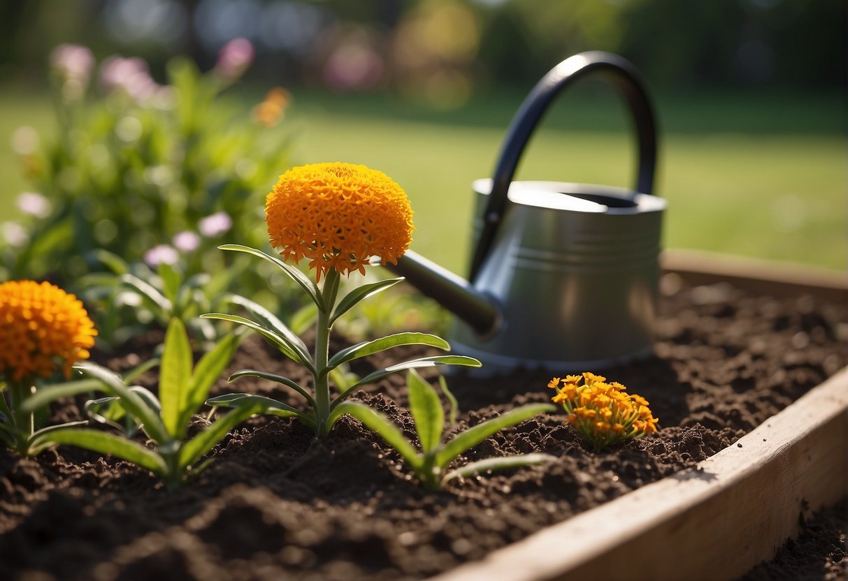 A sunny garden with a small patch of soil being carefully tilled, seeds of butterfly milkweed being planted, and a watering can nearby