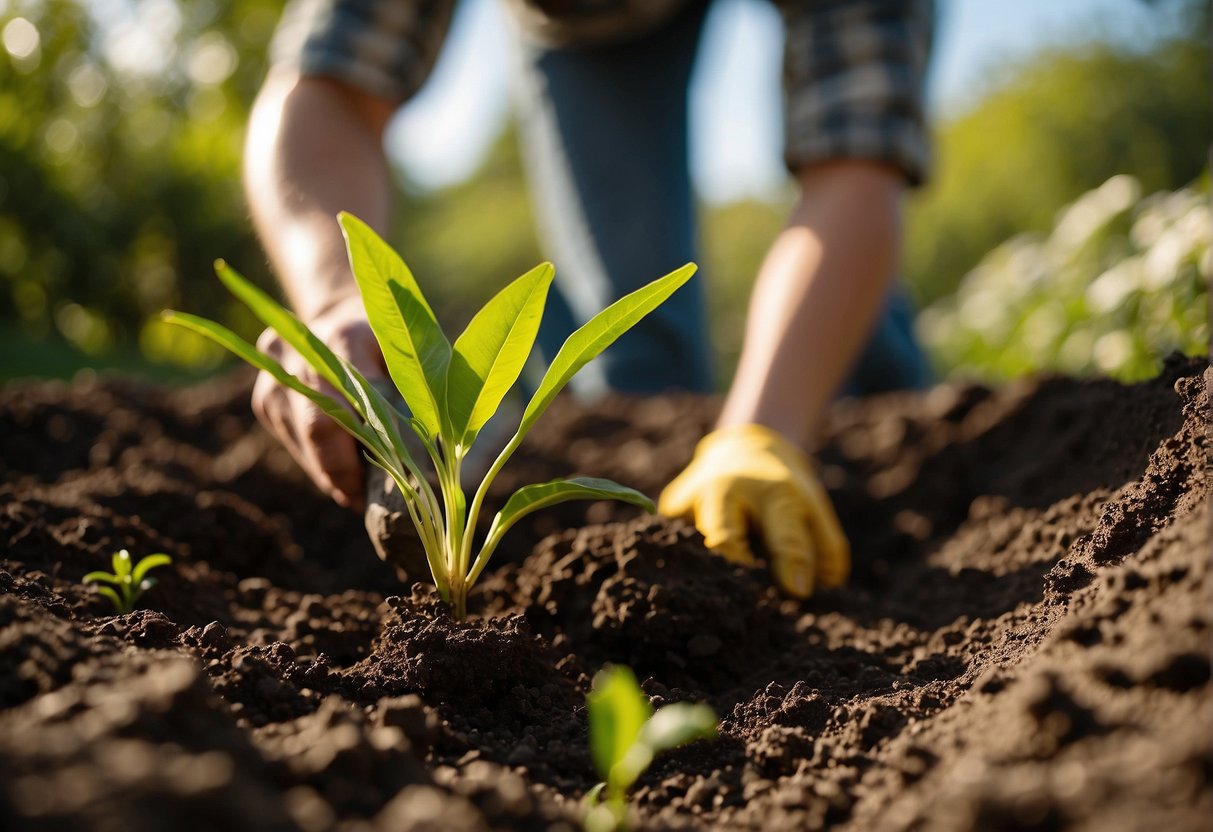 A gardener digs a hole in the soil, placing a small butterfly milkweed plant into the ground. The sun shines overhead, casting a warm glow on the garden