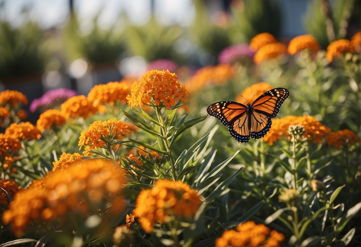 A vibrant garden center displays butterfly milkweed plants in various sizes, surrounded by other native wildflowers. The sun shines overhead, casting a warm glow on the colorful blooms