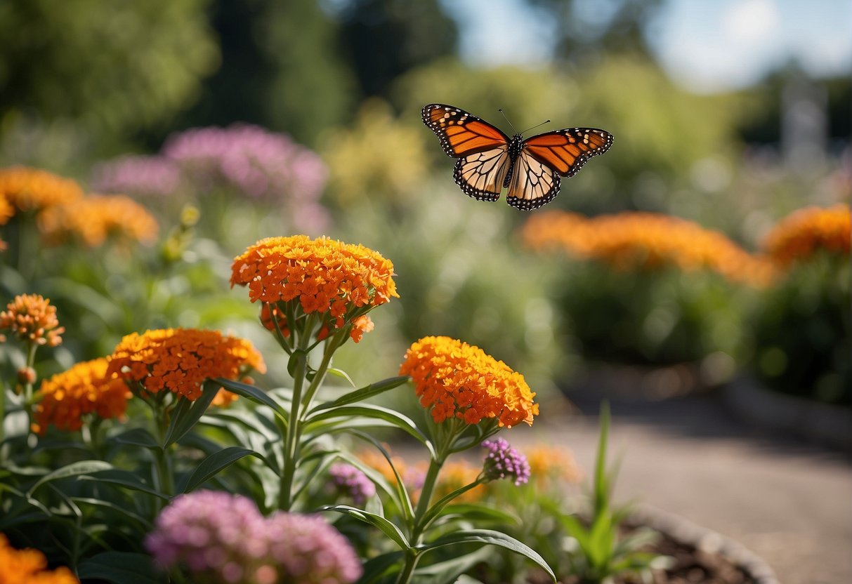A sunny garden with a variety of colorful flowers and plants. A sign reads "Butterfly Milkweed for Sale" at a nearby nursery