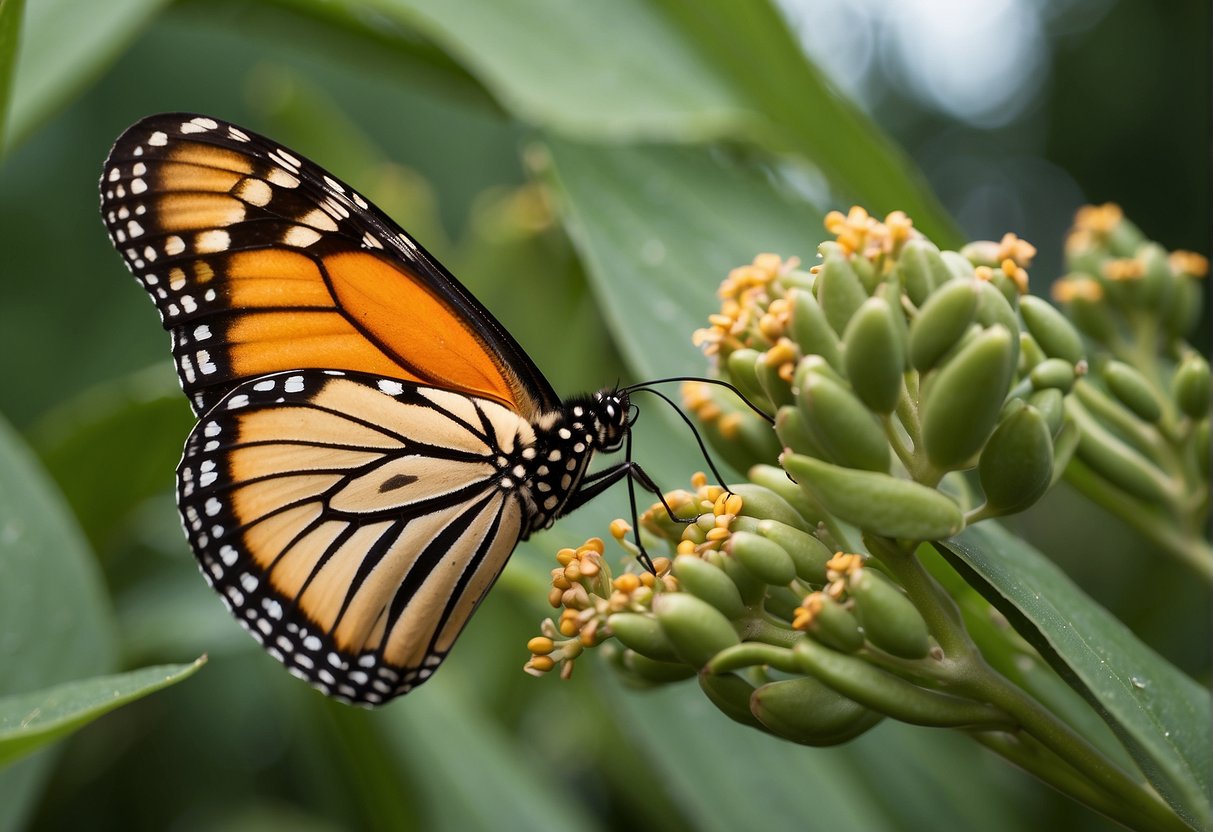 A monarch butterfly lays eggs on milkweed. Caterpillars feed on leaves. Pupae form on stems. Adults drink nectar