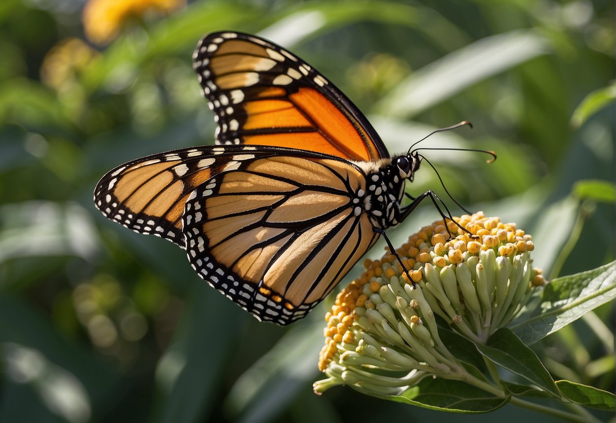 A monarch butterfly lays eggs on milkweed. The caterpillars feed on the milkweed leaves. The milkweed provides food and shelter for the monarch, while the butterfly helps pollinate the milkweed