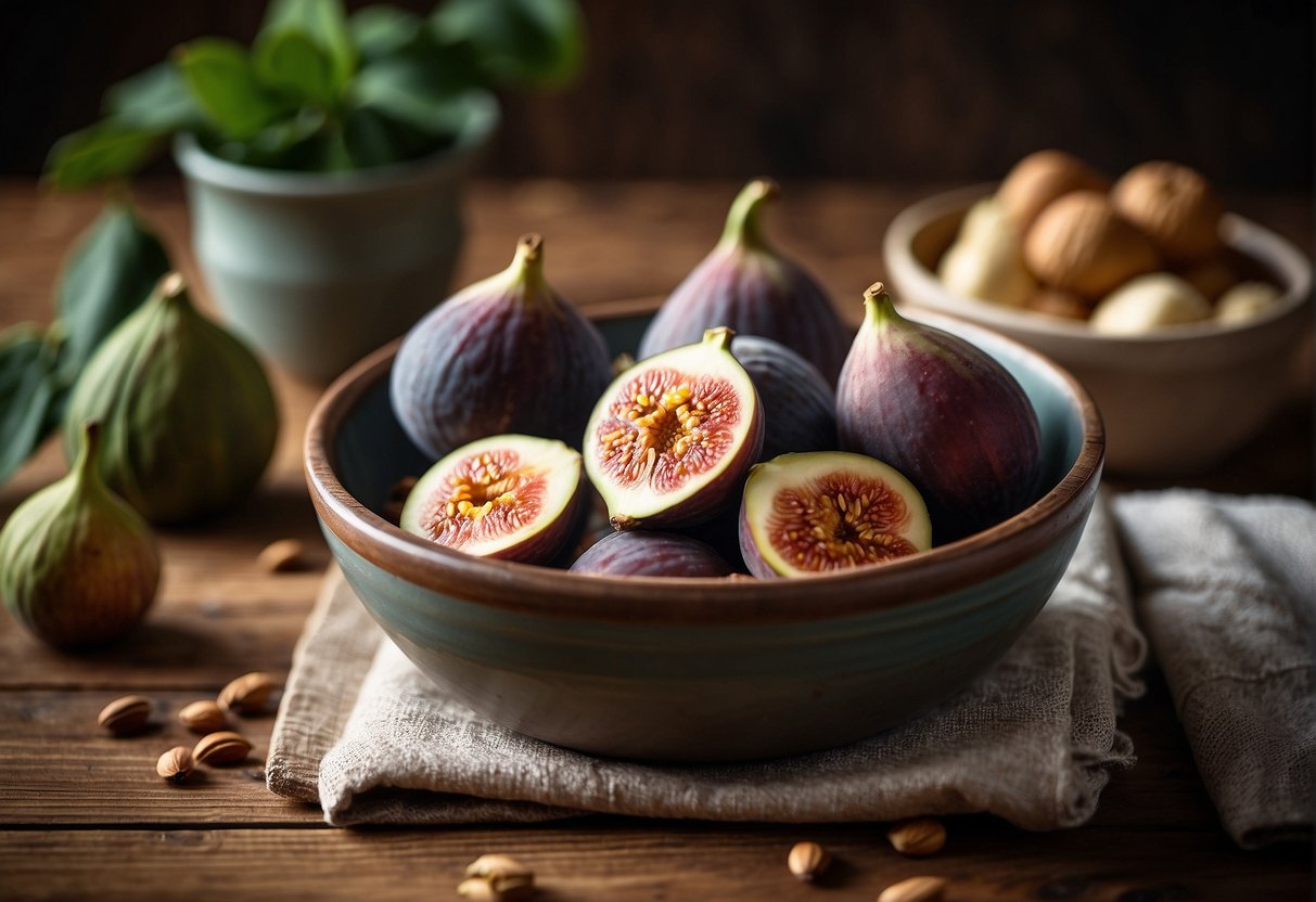 A bowl of fresh figs sits on a rustic wooden table, surrounded by low-carb ingredients like nuts and cheese. A keto-friendly cookbook is open nearby