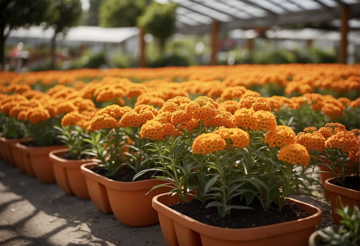 A vibrant garden center with rows of butterfly milkweed plants in colorful pots, a sign reading "Where to Purchase Butterfly Milkweed" displayed prominently