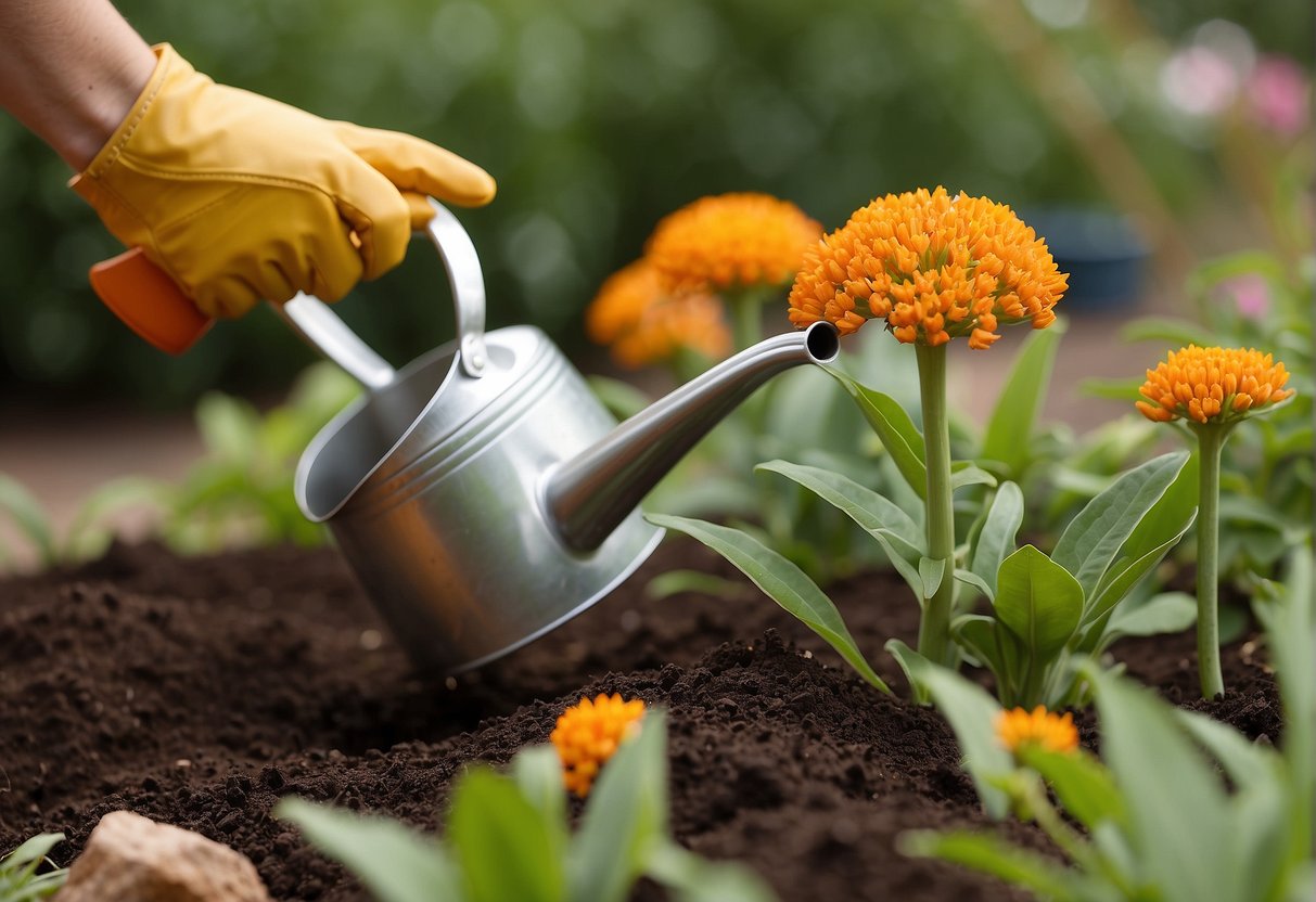 A person plants butterfly milkweed in a sunny garden, carefully tucking the seeds into the soil. A watering can and gardening gloves sit nearby