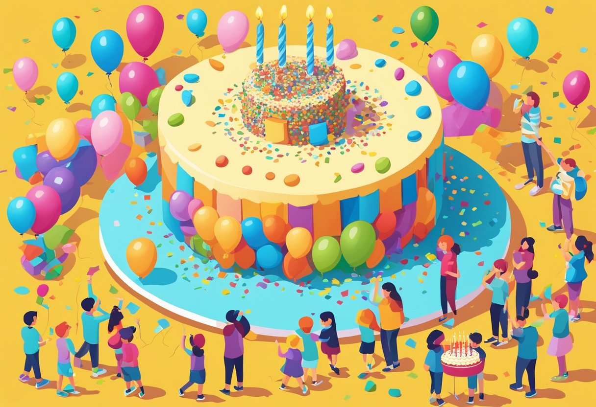 A colorful birthday party scene with balloons, confetti, and a big number 4 cake surrounded by happy children and festive decorations