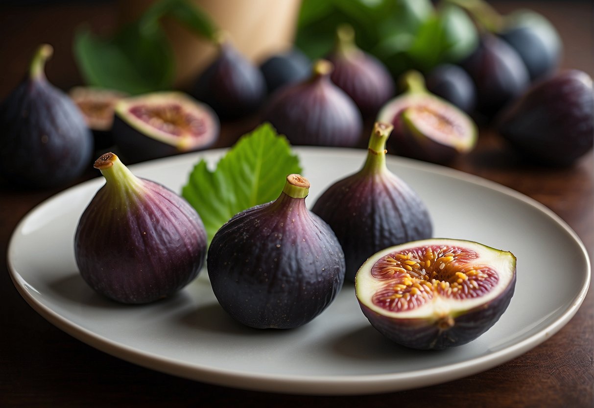 Fresh figs arranged on a plate with a keto-friendly meal in the background