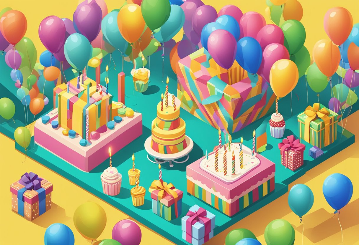 A colorful birthday party scene with balloons, cake, and presents, with the number "4" prominently displayed