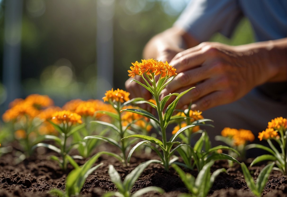 A gardener plants Florida butterfly milkweed in rich, well-drained soil. They water the plants regularly and provide full sun for optimal growth
