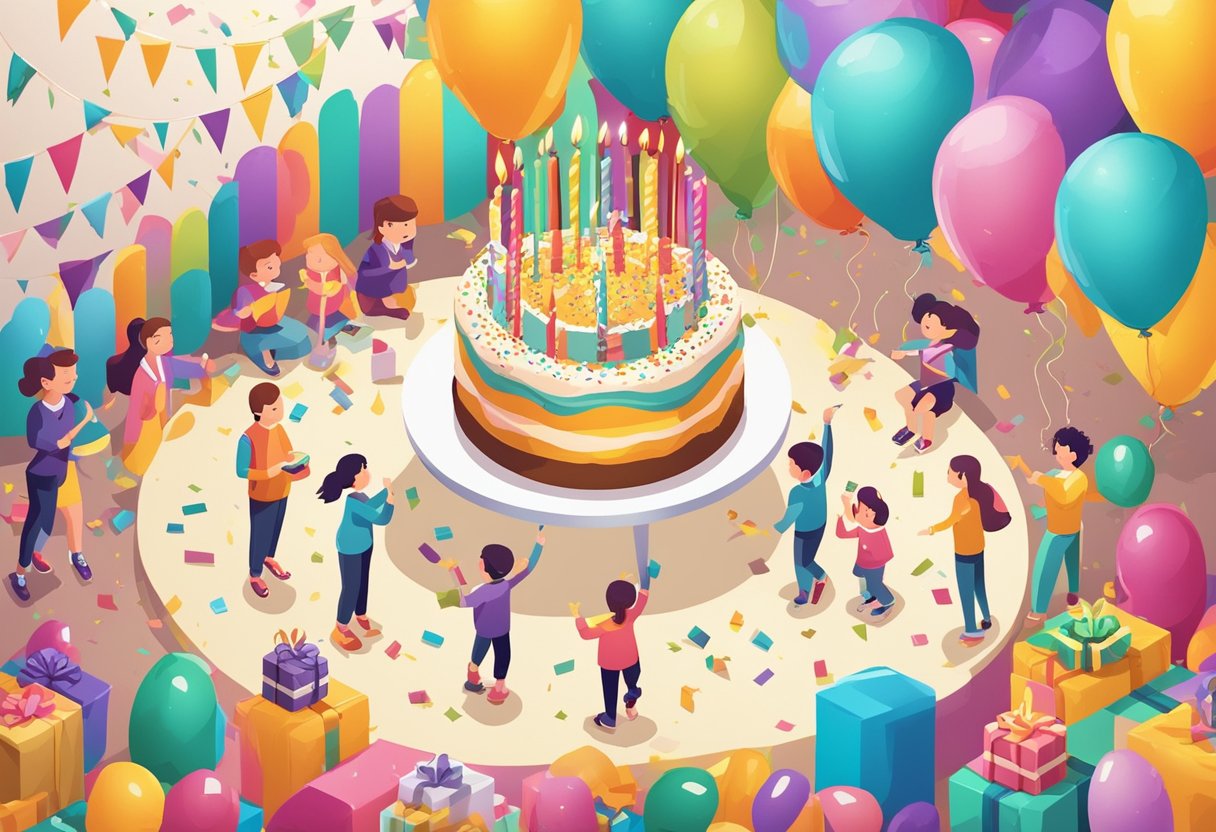 A colorful birthday party scene with balloons, confetti, and a birthday cake with "4" candles. Presents and happy children playing in the background