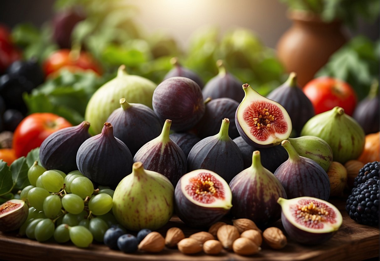 A pile of fresh figs surrounded by a variety of fruits and vegetables, with a sign reading "Health Benefits of Figs" in bold letters