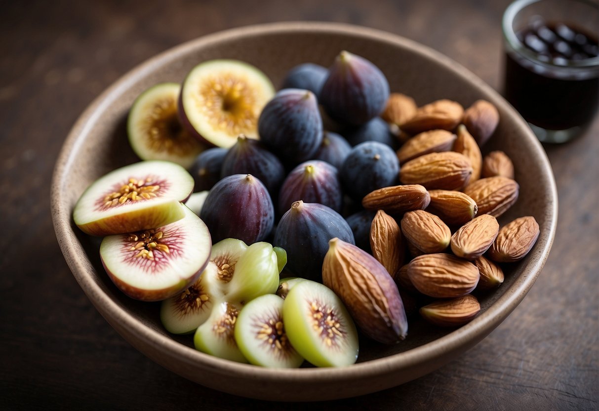 A bowl of keto-friendly fig alternatives: almonds, cheese, and berries. Text reads "Are figs keto?" in bold font above the bowl