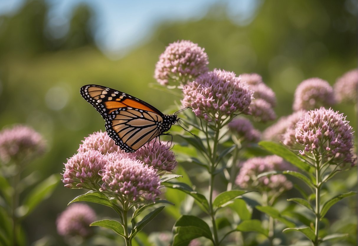 Milkweed plant stands tall, with clusters of pink, purple, or white flowers, attracting monarch butterflies with its sweet nectar and providing a safe haven for their eggs and caterpillars