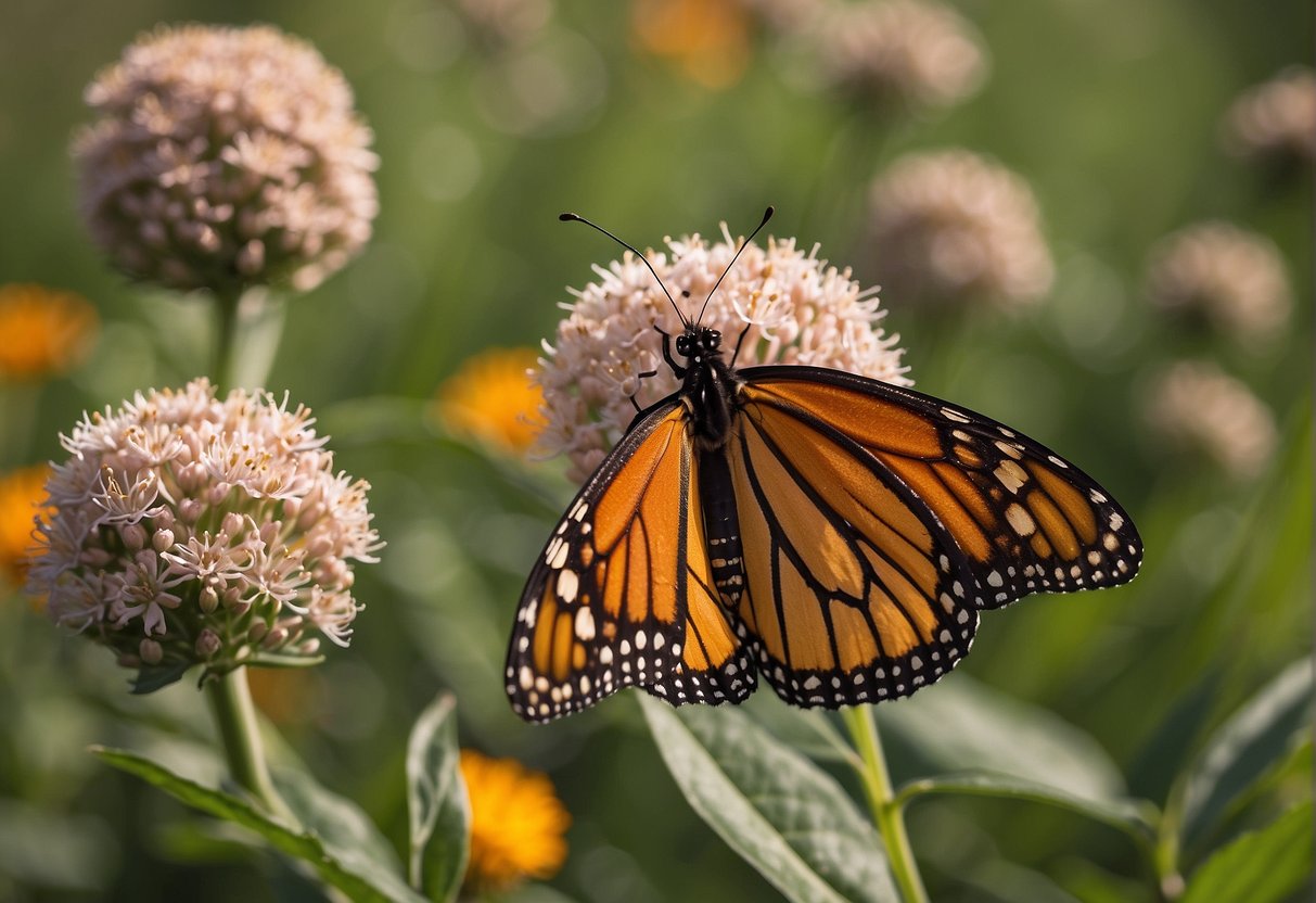 Milkweed blooms in a vibrant field, drawing monarch butterflies with its fragrant nectar and providing a vital habitat for their eggs and larvae