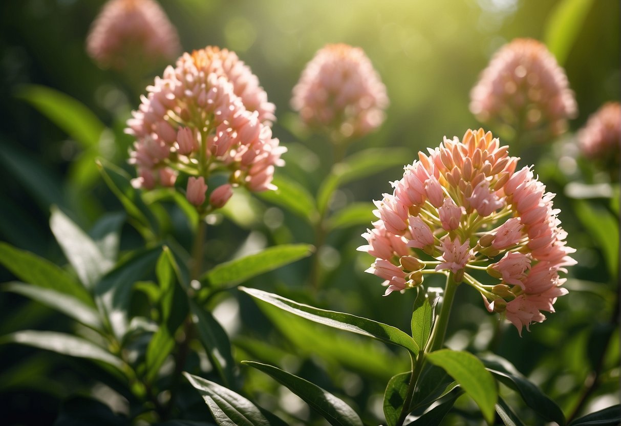 Pink butterfly milkweed flowers in sunlight, surrounded by green leaves. Nearby, a small butterfly flits from flower to flower, sipping nectar
