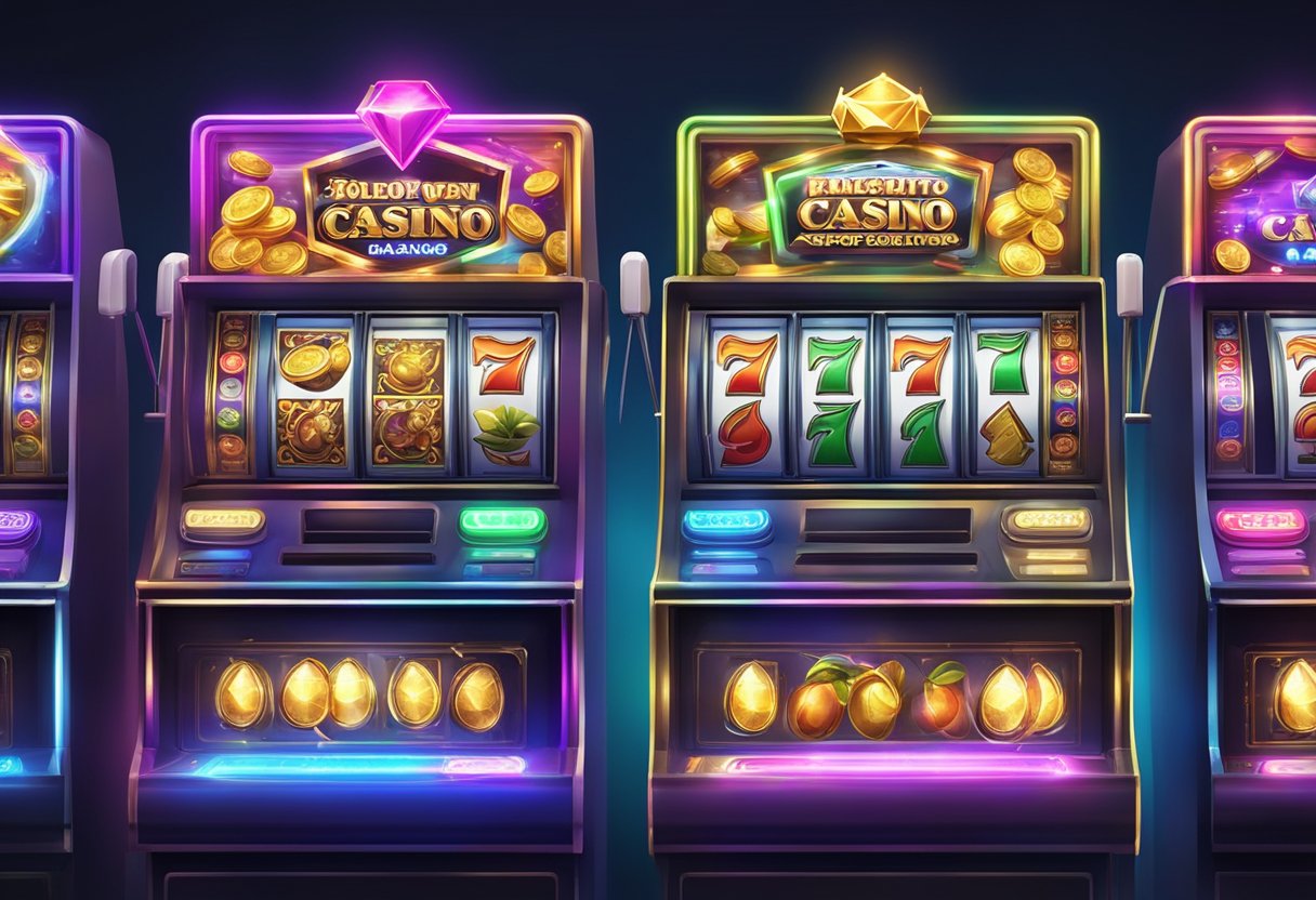 A row of vibrant casino pokies games with flashing lights and exciting graphics, showcasing high payout percentages