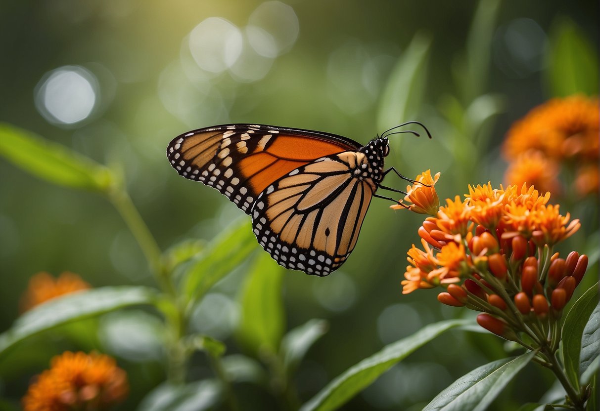 A monarch butterfly hovers over a cluster of vibrant butterfly milkweed plants, their orange and red flowers standing out against the green foliage
