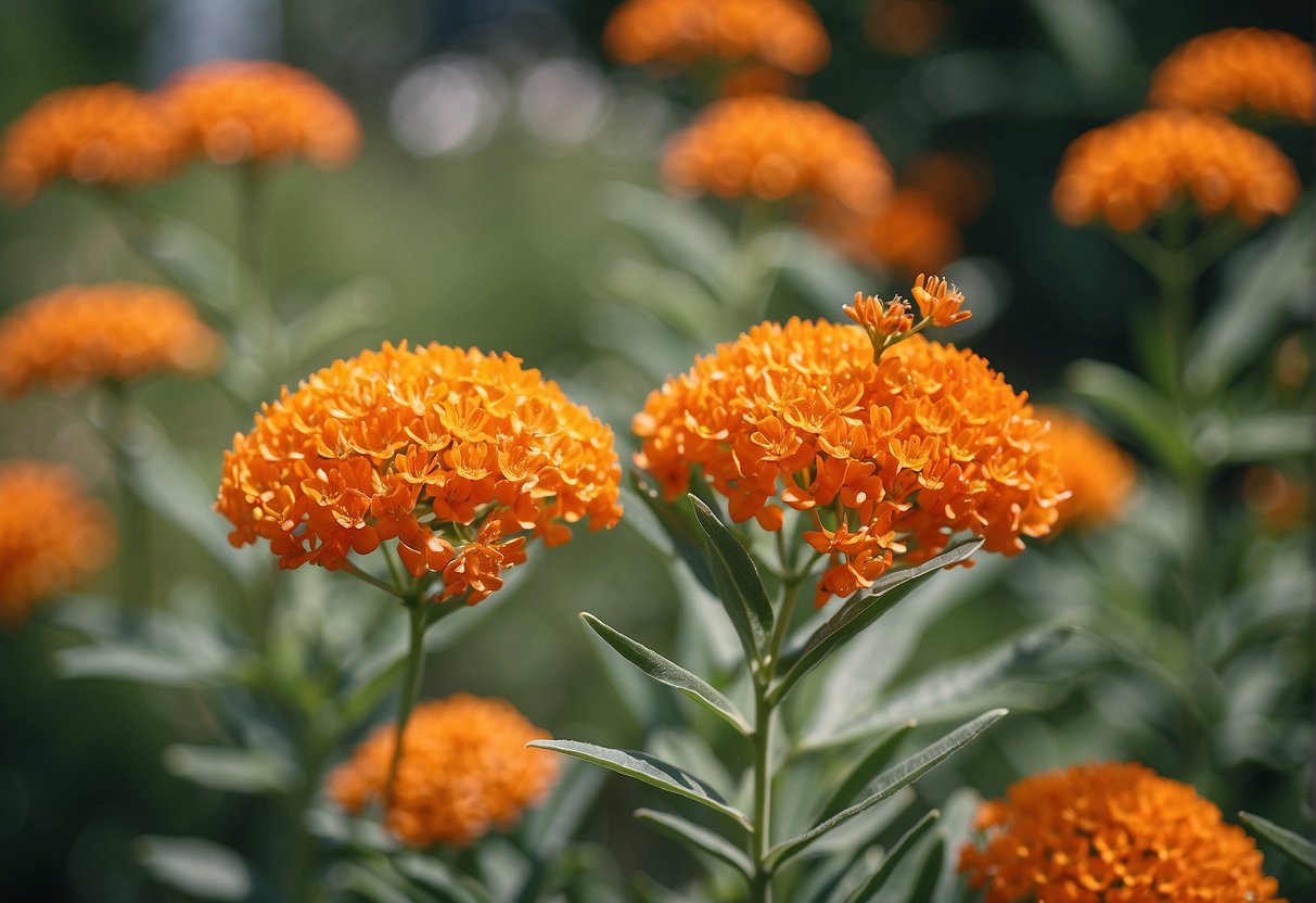 A vibrant butterfly milkweed plant blooms in a sunny garden, attracting colorful butterflies with its bright orange flowers