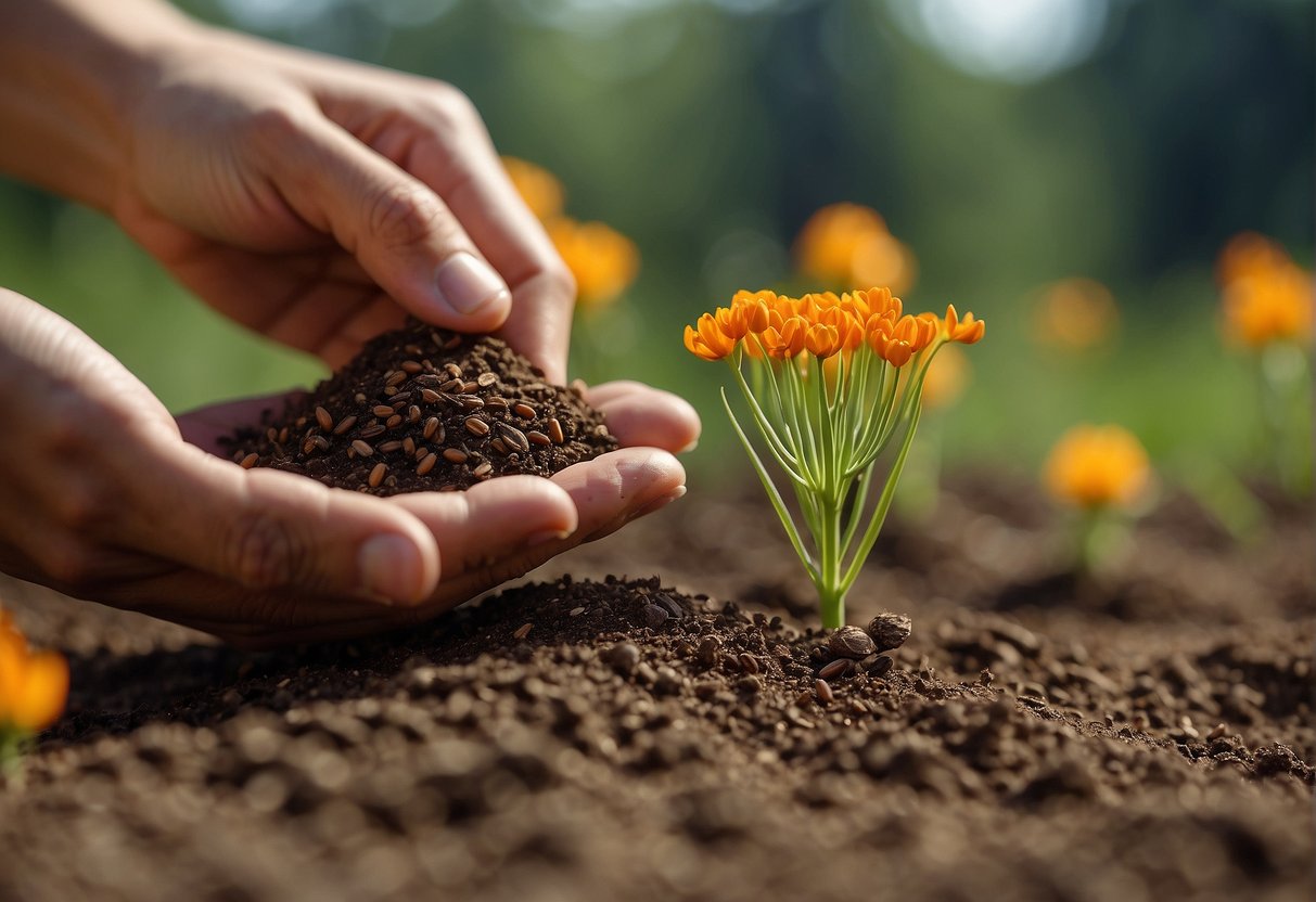 A hand drops butterfly milkweed seeds into freshly tilled soil