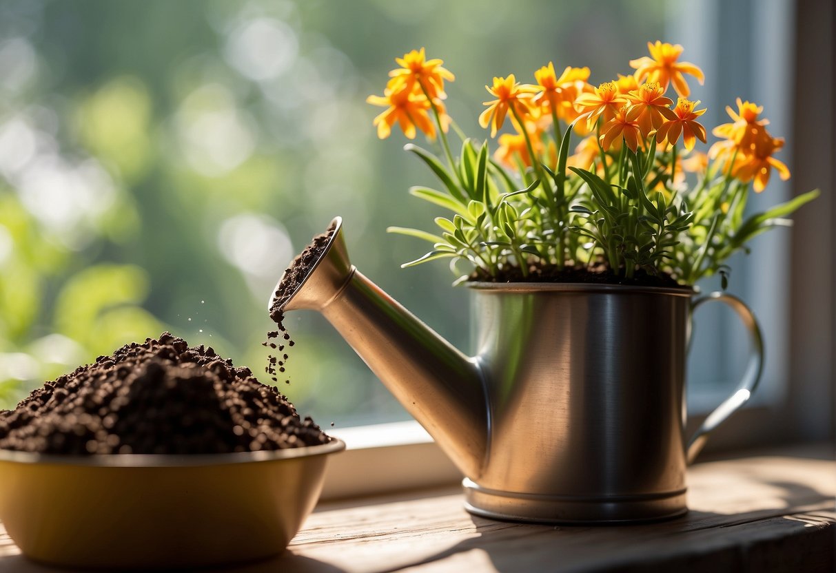 A hand holding a small pot filled with soil, planting butterfly milkweed seeds, with a watering can nearby and sunlight streaming in through a window