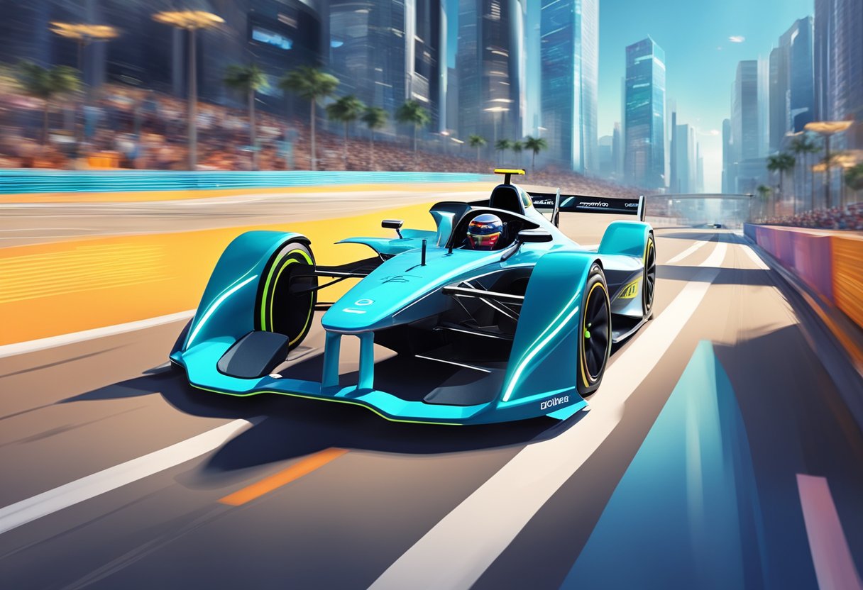 A Formula E car speeds around a city track, surrounded by futuristic buildings and electric charging stations. The crowd cheers from the grandstands as the sleek vehicle races by