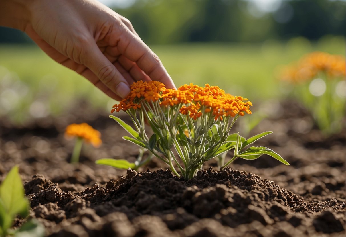 A sunny field with well-drained soil, cleared of debris and weeds. A gardener digs holes and plants butterfly milkweed seeds