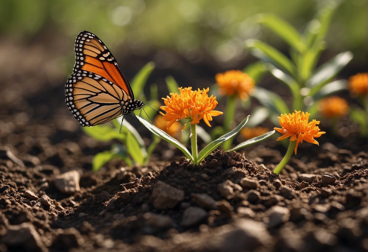 Butterfly Milkweed being planted in rich, well-drained soil under the bright sun, with regular watering and protection from strong winds
