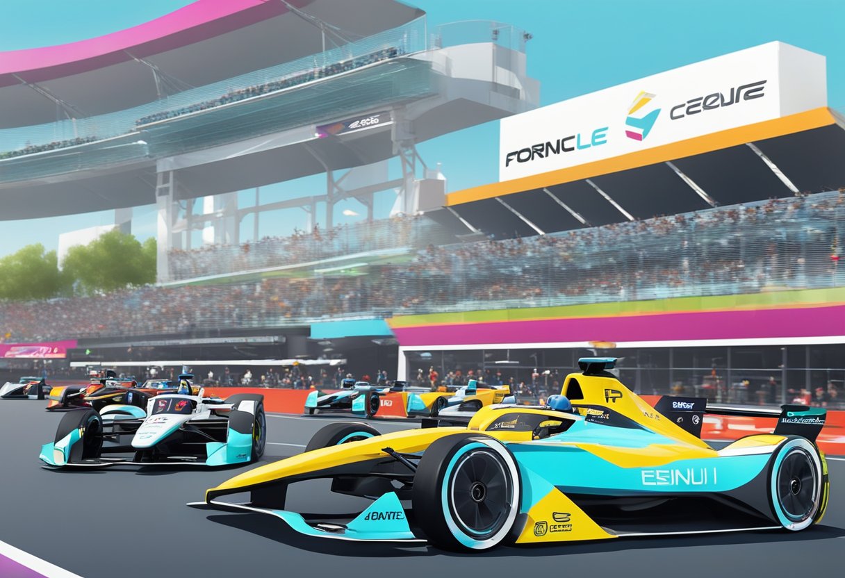 The Formula E race track is buzzing with energy as teams and drivers prepare for the upcoming competition. Pit crews work tirelessly to fine-tune the electric cars, while drivers focus intently on their strategies. The air is charged with anticipation as the crowd eagerly
