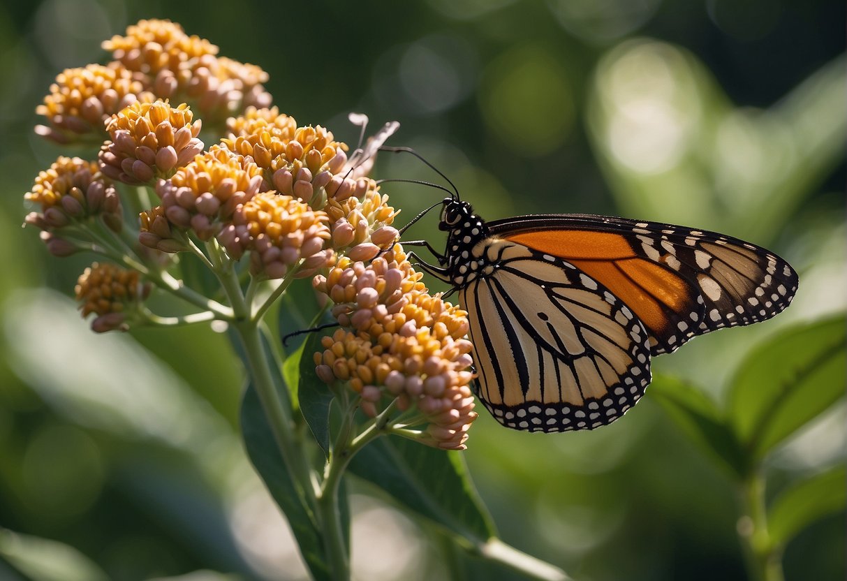 A monarch butterfly lands on a milkweed plant, gently laying its eggs on the underside of the leaves