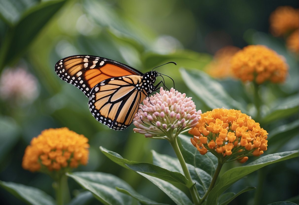 A monarch butterfly lays eggs on a milkweed plant, with vibrant green leaves and delicate pink and orange flowers