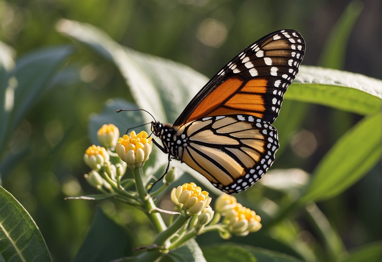 A monarch butterfly lays eggs on a milkweed plant, depicting the first stage of its life cycle