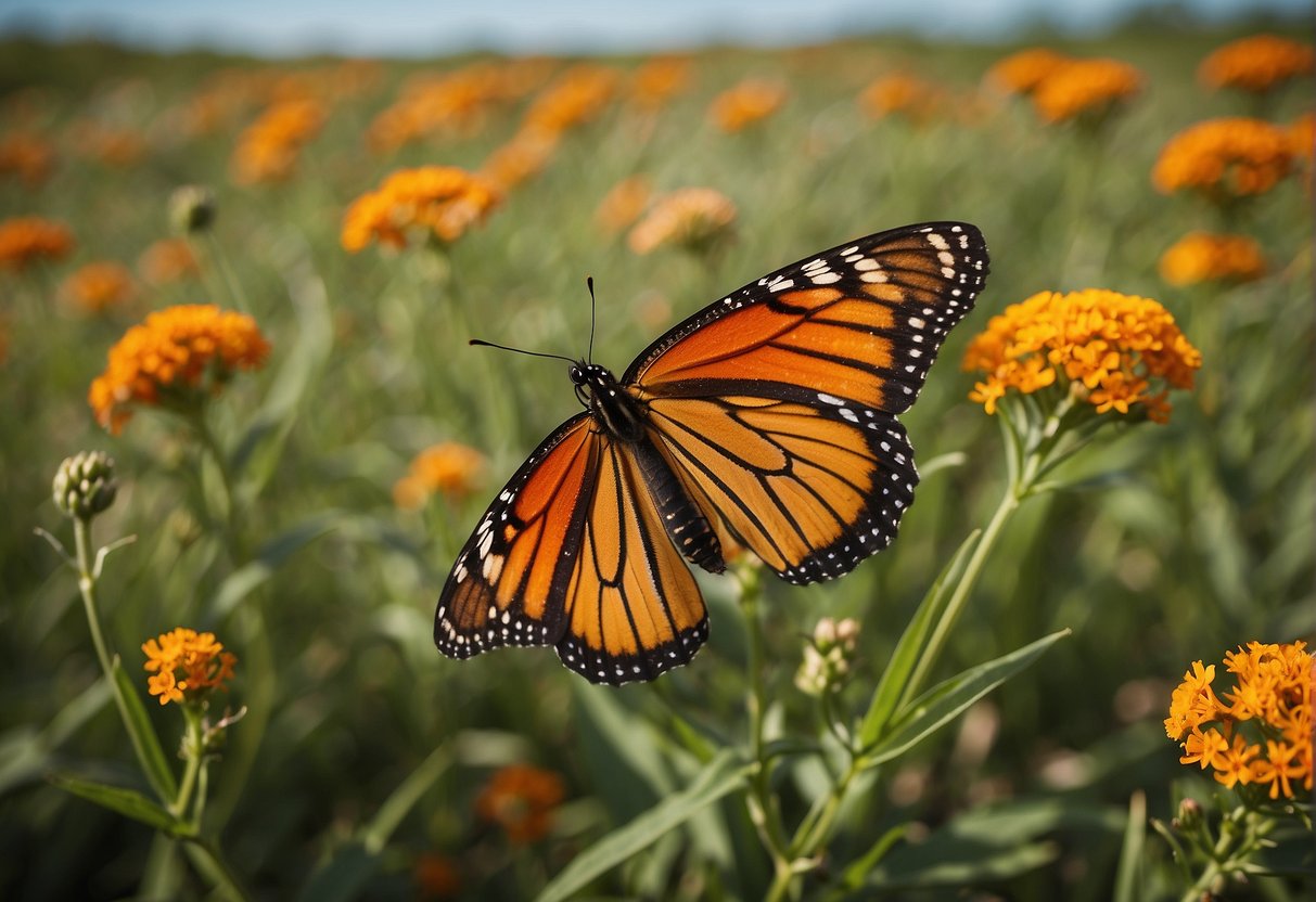 Butterfly milkweed blooms in a vibrant prairie landscape, surrounded by tall grasses and wildflowers. The plant's bright orange flowers attract butterflies and bees, adding a burst of color to the natural setting