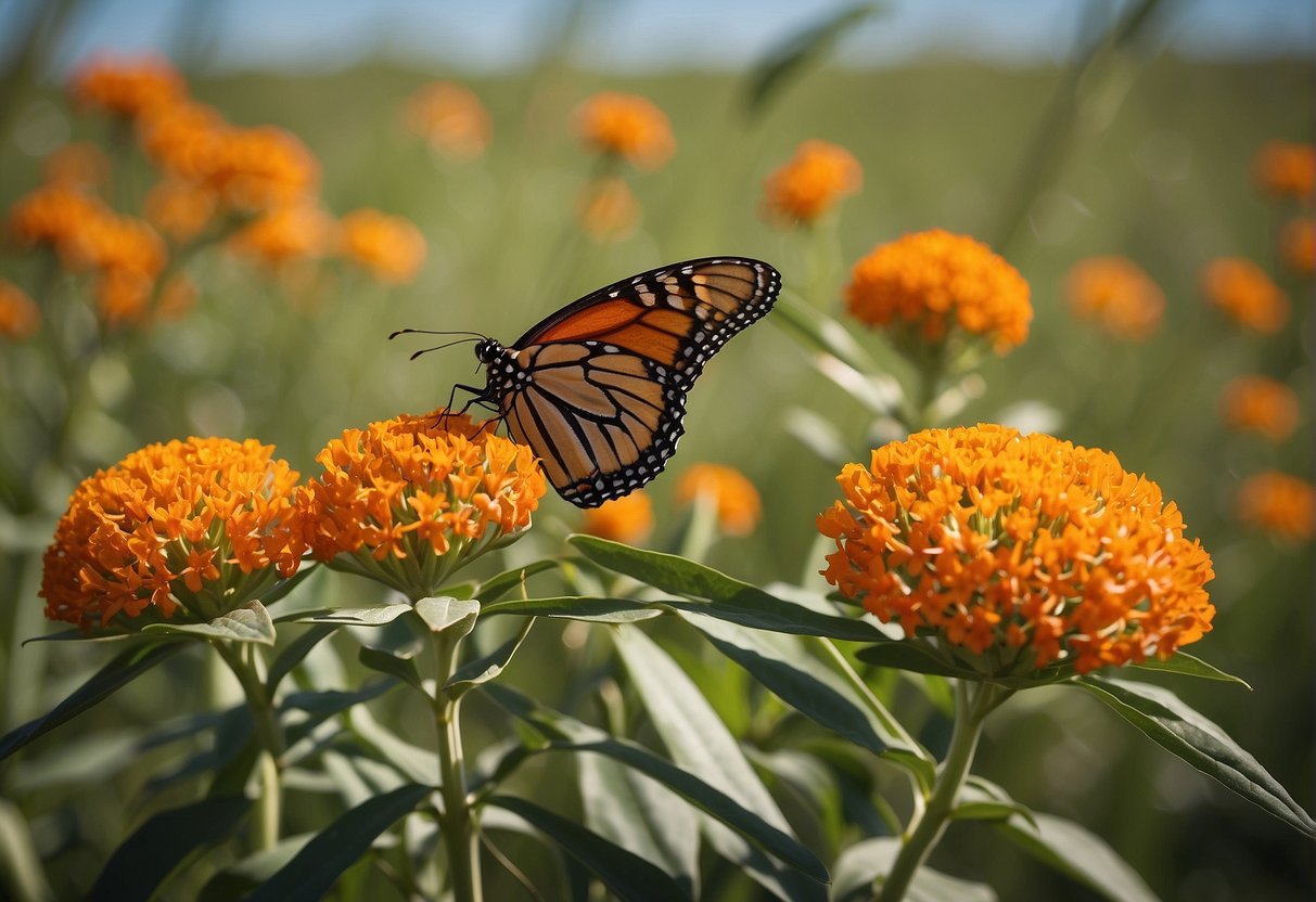 Butterfly milkweed grows in a sunny prairie habitat, with bright orange flowers and thick, lance-shaped leaves. Monarch butterflies are attracted to the nectar-rich blooms