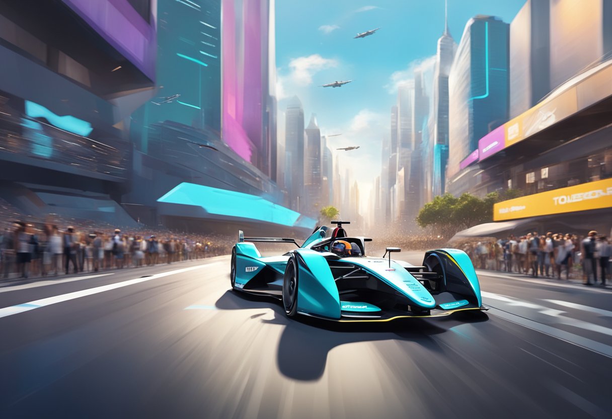 A Formula E car zips around a city track, surrounded by futuristic buildings and a buzzing crowd. The car's sleek design and electric power are highlighted in the scene