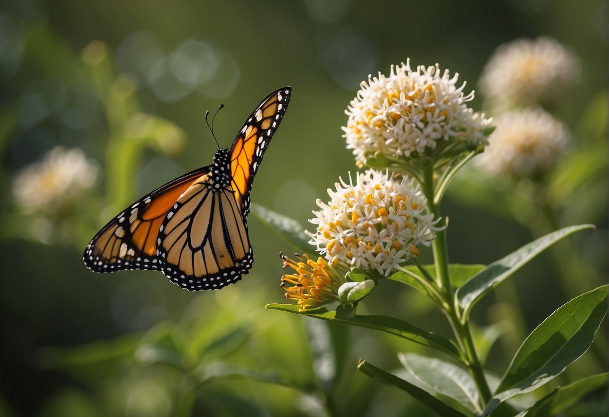 The milkweed blooms, emitting a sweet scent. Monarch butterflies flutter around, drawn to the plant's nectar and laying their eggs on its leaves