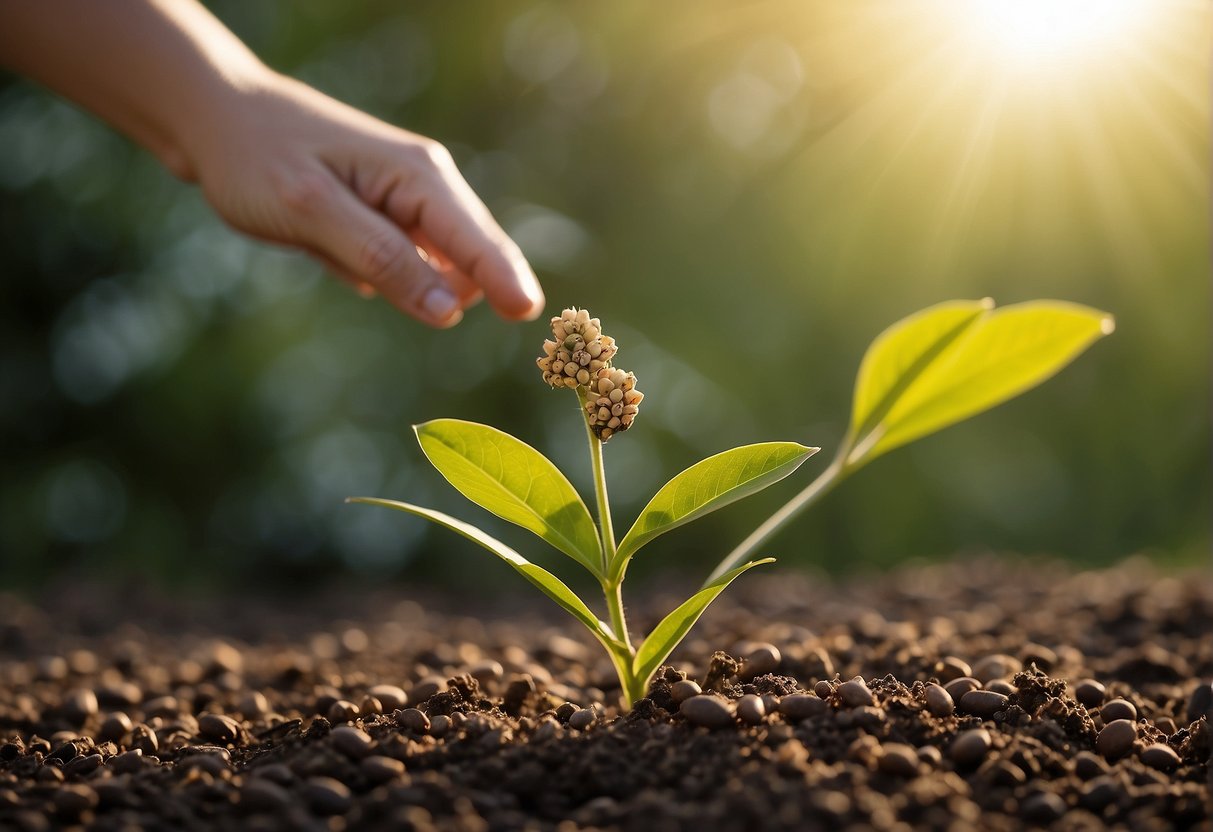 Milkweed seeds are being planted in fertile soil, watered gently, and placed in a sunny location to grow into butterfly-friendly plants