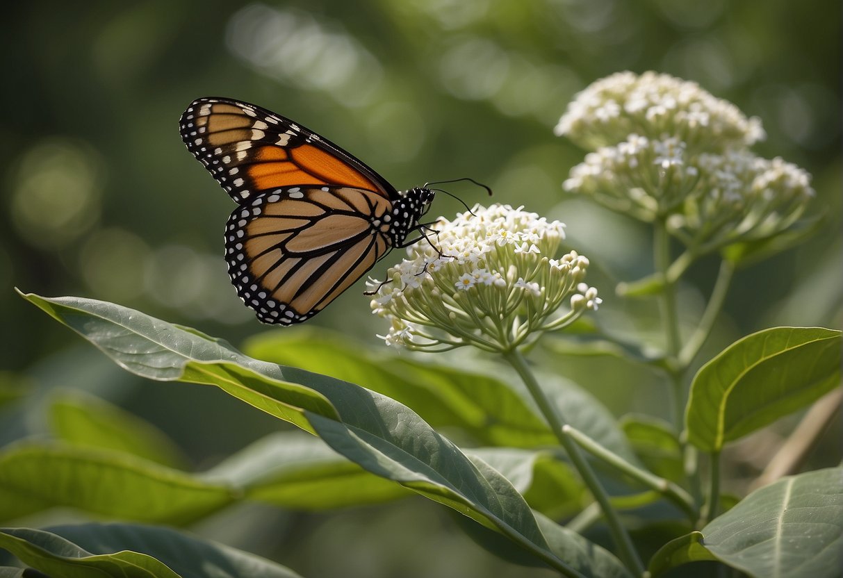 A monarch butterfly lays eggs on milkweed leaves. The eggs hatch into caterpillars, which feed on the milkweed. The caterpillars then form chrysalises on the milkweed before emerging as adult butterflies